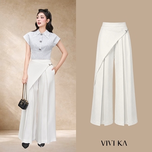 Pantalon Palazzo Plissé Asymétrique Taille Haute Ample et Élégant en Crêpe Ivoire pour Femme EVAREL - Product Image 1