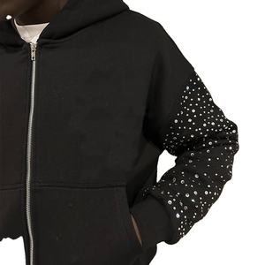 Venta al por mayor nuevo estilo personalizado de gran tamaño pesado Vintage Stone hombres cremallera sudaderas con capucha con mangas de diamantes de imitación para hombres personalización - Product Image 6