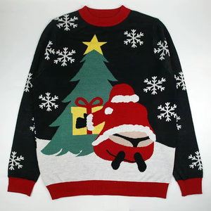 Pull de Noël pour homme, col rond, tricoté, motif de dessin animé Père Noël, arbre, flocon de neige, noir et blanc, hiver, décontracté, coupe classique - Product Image 1