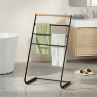 Porte-serviettes autoportant en acier noir avec barre supérieure en bois, 4 barres, design minimaliste pour salle de bain