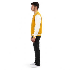 Chaqueta Varsity para Hombre en Color Amarillo con Bloques de Color, Mangas Blancas, Cuello Alto, Cierre de Botones, Estilo Deportivo Casual - Product Image 5
