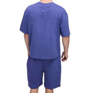 Ensemble short et t-shirt pour homme en coton bleu respirant, coupe classique, couleur unie, col rond, manches courtes, style sportif, avec cordon de serrage à la taille - Product Image 5
