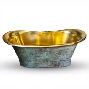 Bañera de latón de base recta con acabado exterior en pátina y interior en latón pulido, bañera independiente hecha a mano, estilo vintage de lujo - Product Image 2