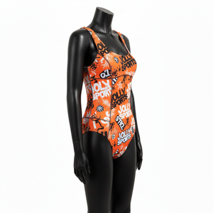 Tissu extensible en polyester et élasthanne de qualité supérieure, imprimé intégral orange vif, avec logo personnalisé par sublimation, pour maillot de bain femme. - Product Image 2
