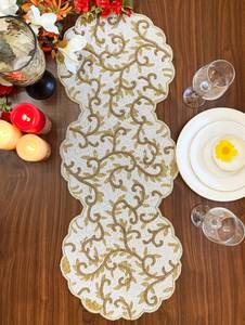 Embroidered Floral <b>Table</b> <b>Runner</b> Cream <b>Gold</b> Classic Style Home Decor Washable Cotton - Product Image 1