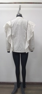 Blusa de Lino Estilo Chino para Mujer con Cuello Mandarín, Manga Abullonada con Volantes, Color en Contraste, Manga Larga, Corte Regular - Product Image 2