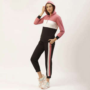 Women's Pink <b>White</b> Black Color Blocked Hooded Sweatshirt <b>Set</b> With Side Stripe Track Pants Regular Fit All Seasons Sporty Style - Product Image 2