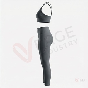 <b>Women's</b> Dark <b>Grey</b> Yoga Set 2 Piece Crisscross Strap Crop Top High Waist <b>Leggings</b> - Product Image 3
