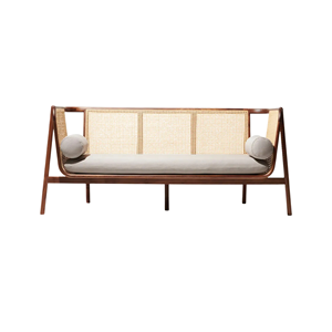 โซฟาไม้สักแท้สไตล์มิดเซ็นจูรี่ พร้อมพนักพิงหวายธรรมชาติและเบาะรองนั่งทรงกลม เฟอร์นิเจอร์ห้องนั่งเล่นทันสมัย - Product Image 1