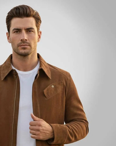 Custom Made <b>Men's</b> Brown <b>Suede</b> Leather <b>Jacket</b> Zipper Closure Turn-down Collar Casual Autumn Style Regular Fit with Pockets - Product Image 4