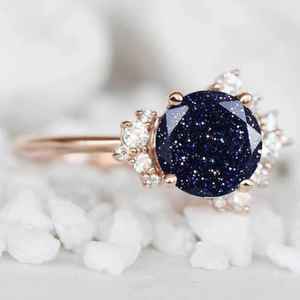 Bague en pierre de grès bleue naturelle de forme ronde, en argent sterling 925 plaqué or 14 carats, bague empilable délicate - Product Image 5