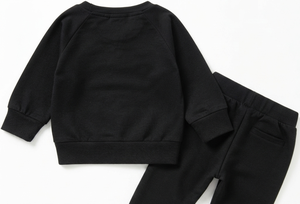 Survêtement en coton noir pour bébés garçons, col ras du cou, manches longues, couleur unie, pantalon de jogging décontracté, taille élastique, vêtements d'automne - Product Image 4
