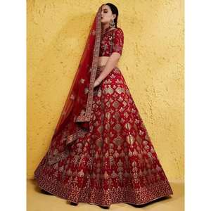 Hermoso rojo bordado de seda de la boda del novio desgaste Lehenga Choli con Dupatta - Product Image 5