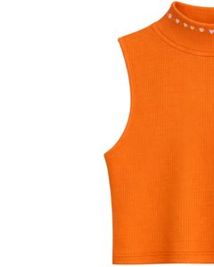 Débardeur côtelé orange personnalisé pour femme, col montant, sans manches, décontracté, mode estivale, doux et extensible, fabrication sur mesure - Product Image 3