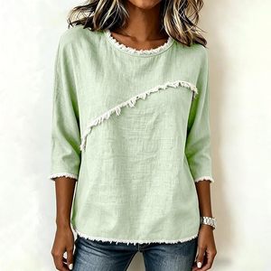 Chemises en coton et lin pour femmes, manches 3/4, blouses rétro en gaze effilochée, hauts à col rond brut, pour tous les jours - Product Image 2