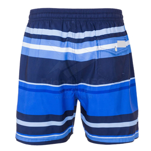 Short de bain rayé bleu marine personnalisable pour homme, taille élastique avec cordon de serrage, style rétro, tenue de plage et streetwear – Grande Vente - Product Image 2