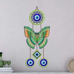 Colgante de Pared de MDF con Mariposa Verde y Ojo Turco - Amuleto de la Suerte Vastu Art Deco para la Entrada del Hogar - Product Image 2