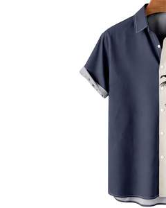 Camisa de Manga Corta con Estampado de Palmeras en Azul Marino y Beige, Estilo Casual para Playa, Verano, para Hombre, Fabricante OEM, Suministro Personalizado - Product Image 5