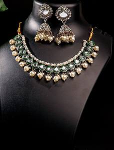 Parure de bijoux ethnique traditionnelle Kundan, collier et boucles d'oreilles, plaqué or antique, zircon, vert Meenakari, pour femme, mariage et fête - Product Image 2
