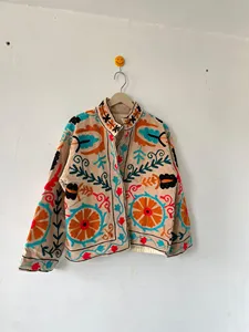 Luxury Champagne <b>Velvet</b> Floral Embroidered Suzani <b>Jacket</b> Full Sleeve Stand Collar Bohemian <b>Women's</b> Spring Outerwear - Product Image 1