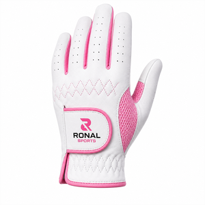 Gant de golf pour femme Ronal Sports, main droite, blanc rose, cuir véritable, respirant, fermeture auto-agrippante, personnalisable OEM, gant en cuir Cabretta - Product Image 1