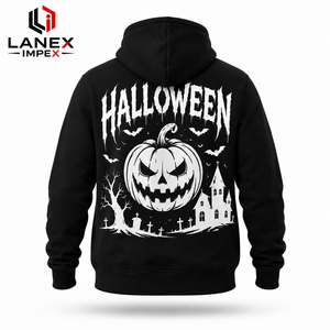 New Design Custom Halloween <b>Zip</b> Up Hoodie Men Black Fleece Sweatshirt Pumpkin Graphic Print <b>Hooded</b> Jacket OEM ODM Streetwear - Product Image 2