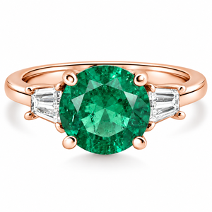 Anillo de tres piedras con esmeralda verde redonda y laterales de diamantes baguette cónicos en oro de 10K, 14K, 18K y plata 925, 935. - Product Image 2