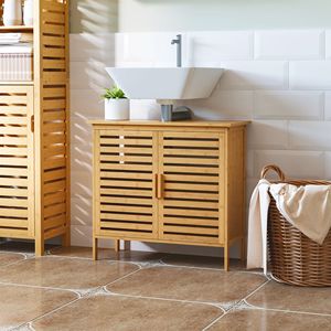 Meuble de salle de bain autoportant moderne en bambou avec 2 portes à lattes pour hôtels - Product Image 2