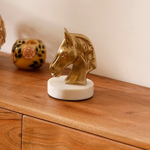 Luxury Metallic <b>Gold</b> Horse Head Bust <b>Statue</b> Sculpture Figurine on White Marble Pedestal Accent for Modern Living Room Decoration - Product Image 2