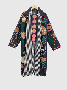Floral Pattern Long Coat Plus Size Women'<b>s</b> Velvet Jacket Mandarin Collar Full Sleeve Hand Embroidered Winter Wear - Product Image 2
