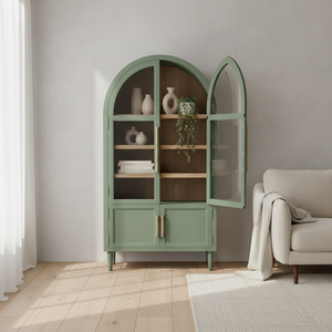 Meuble de salon moderne en bois d'hévéa et placage de chêne, armoire arquée avec 4 compartiments et portes à battants, écologique - Product Image 2