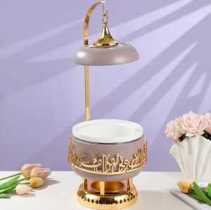 Luxury Silver and Gold Arabic Calligraphy Casserole with Hammered Dome Lid Premium Ramadan Hot Pot Food Warmer for <b>Table</b> - Product Image 5