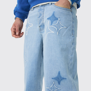 Mejores Jeans Rígidos Azul Claro con Apliques de Estrellas para Hombre, Estilo Urbano, Corte Holgado y Relajado, Denim de Peso Medio, Lavado a la Piedra - Product Image 3