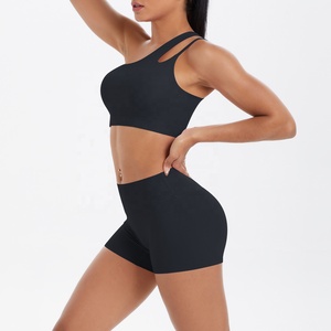 Seamless black yoga set Crisscross straps high waist shorts Breathable activewear women Scoop neck yoga outfit - Product Image 2