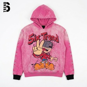 Sudadera con Capucha Personalizada para Hombre, Color Rosa, Lavado Ácido, con Pedrería, 450GSM, Estilo Urbano Y2K, Estampado Gráfico de Dibujos Animados, Corte Holgado - Product Image 3
