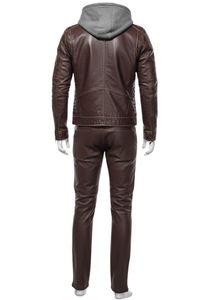 Burgundy Leather Hooded Tracksuit Premium Leather <b>Jacket</b> Cargo Jogger Pants Men's Full Zip Leather <b>Jacket</b> - Product Image 4