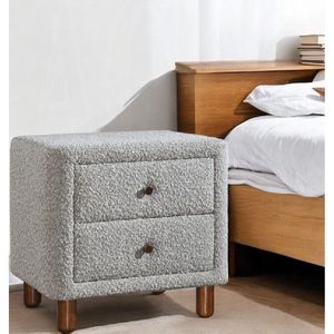 Comodino Classico in Legno Grigio con Due Cassetti, Rivestimento in Bouclé, Arredamento Camera da Letto, 1 Pezzo con Gambe in Legno - Product Image 2