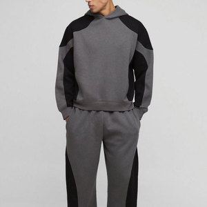 Ensemble de survêtement à capuche gris et noir pour homme, coupe droite, manches longues, style streetwear décontracté, 100 % coton élastique - Product Image 3