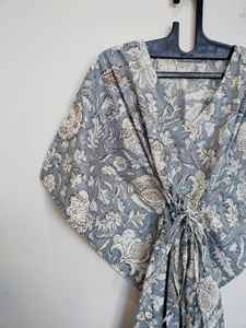 Robe Kaftan Indienne Faite Main en Coton Imprimé Floral et Dentelle, Col en V, Longueur Genou, Style Vintage, Coupe Évasée, Cache-Maillot de Plage - Product Image 4