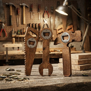 Nouvel ensemble de 3 décapsuleurs en bois originaux : Scie, clé et marteau pour une innovation de barware durable et pétillante - Product Image 5