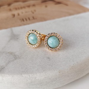 925 Sterling <b>Silver</b> Gold Larimar Bohemian Style <b>Stud</b> Earrings Natural Bezel Set CZ Pave Birthstone Healing Crystal Wedding Party - Product Image 2