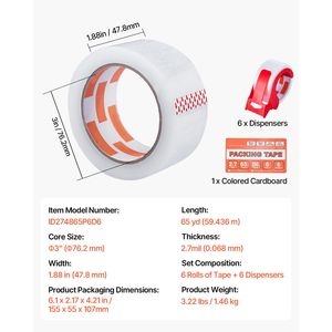 Nastro Adesivo Trasparente Resistente da 3 Pollici, 6 Rotoli, 1,88 Pollici x 65 Iarde, 2,7 Mil, con Dispenser per Imballaggio - Product Image 5