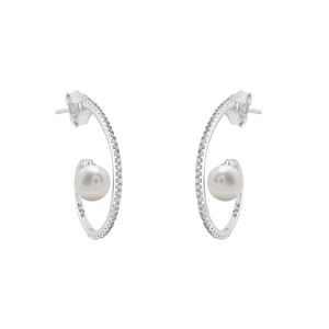 Pendientes de Plata de Ley 925 con Perla de Agua Dulce y Diamante de Corte Brillante Redondo en Engaste de Canal, Joyería Fina Clásica para Mujer - Product Image 2
