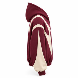 Custom 350 GSM Maroon Cream Applique Color Block Full <b>Zip</b> Cotton Polyester Fleece Streetwear Hoodie - Product Image 3