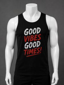 Débardeur noir pour homme Good Vibes Good Times, col rond, style décontracté, 100% polyester tricoté, séchage rapide, style urbain - Product Image 4