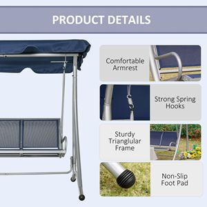 Dondolo da Esterno a 3 Posti con Cuscini Impermeabili, Panchina Regolabile per Patio e Portico, con Tettuccio per Giardino e Bordo Piscina, Colore Blu - Product Image 6