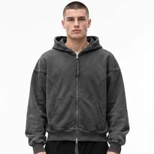 Men's <b>Black</b> Oversized Zip-Up Hoodie Solid Color French Terry Cotton <b>Crop</b> Length Regular <b>Sleeve</b> Autumn Wear - Product Image 3