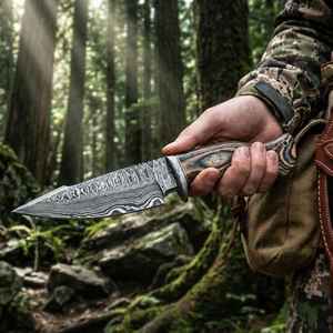 Cuchillos de caza de acero de Damasco hechos a mano de primera calidad con mango de madera, alto brillo, grado industrial, funda para acampar al aire libre - Product Image 3