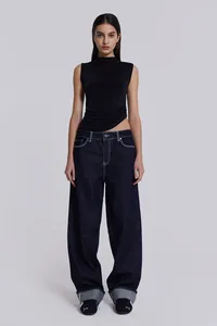 Jeans amples à jambes larges pour femmes, taille haute, style streetwear, avec broderie de logo personnalisé, pantalons en denim pour femmes - Product Image 3