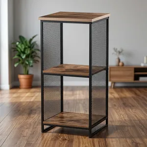 Étagère à livres en bois à 3 niveaux de style industriel moderne avec cadre en métal grillagé pour le salon, le bureau à domicile, le rangement - Product Image 5